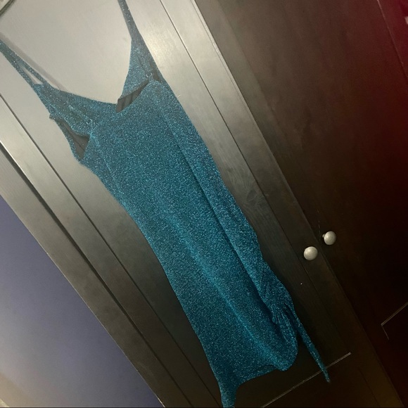 Lk New Blue Green Mermaid Glitter Cowl Drape Neck Ruched Side Bodycon Dress XS - Picture 4 of 6